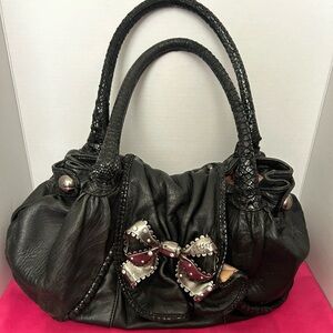 Vintage Betsey Johnson Black Leather Studded Bow Metal Handbag Purse Fashion His